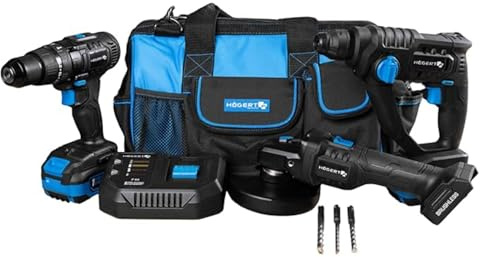 HÖGERT TECHNIK - Juego de herramientas eléctricas a batería 18 V Taladro percutor Martillo perforador SDS+ Amoladora angular 125 mm 2 baterías de 4 Ah Cargador de 4 A Juego de herramientas