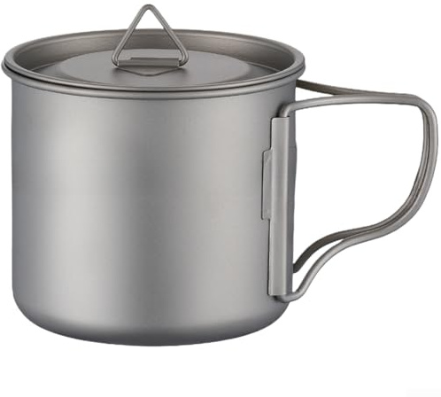 QuivyLivy Tasse de camping en titane avec poignée pliable, bouteille d'eau légère et résistante à la rouille pour randonnée, voyage, tasse portable réutilisable avec couvercle (500 ml)