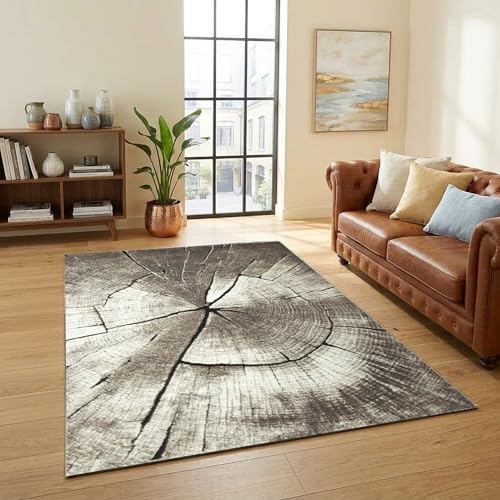CARPETIA Kurzflor Teppich Baumring Holzoptik Beige Grau 160x230 cm | Weich, pflegeleicht, strapazierfähig, formstabil, saugrobotergeeignet und allergikergeeignet, für Fußbodenheizung