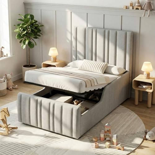 Merax Single Bed Frame, 3ft Single Upholstered Ottoman Bed with Hydraulic Storage, with Headboard and Large Storage Space, Linen, Grey/90x190 cm(No Mattress)