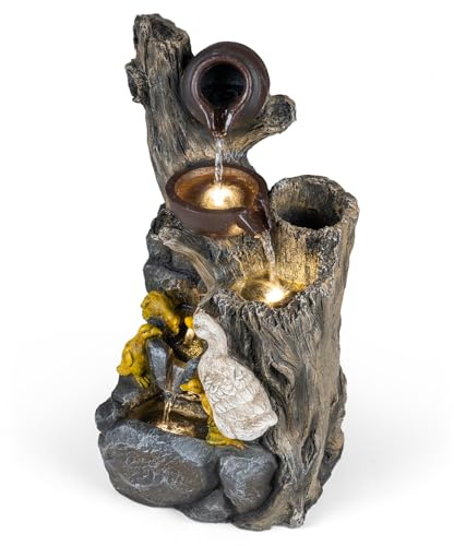 COSTWAY Fontaine de Jardin avec Éclairage LED et Cascade Aspect Pierre | Décoration Rustique en Résine avec Canards, Débit Réglable pour Terrasse Balcon Cour Intérieur, 30 x 27 x 57 cm