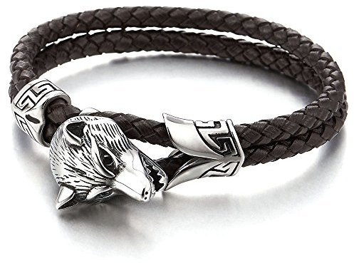 COOLSTEELANDBEYOND Wolfskopf – Armband aus Leder, verschlungenes Herren – Armband für Herren aus Edelstahl, 20 centimètres, Leder, Nicht anwendbar