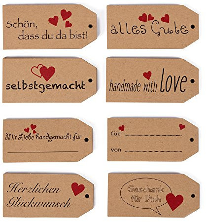 ewtshop® 120 Geschenkanhänger, 8 verschiedene schöne Designs mit Sprüchen, aus hochwertigem Kraftpapier, Geschenketiketten, Geschenkhänger