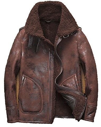 Denny & Dora B3 Shearling Lederjacke Herren Shearling Mantel Crack Textur Schaffell Fliegerjacke (Braun, XL)