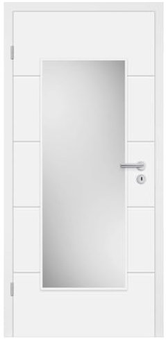 HORI Zimmertür Komplettset mit Zarge und Türdrücker I Innentür weiß lackiert mit 4 Querstreifen und Verglasung - DIN links - 1985 x 860 x 100 mm