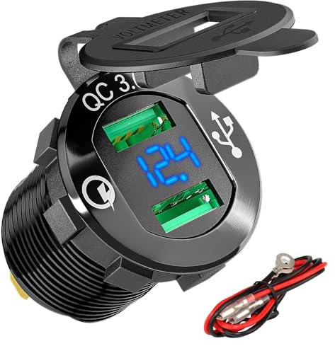Chargeur USB 3.0 USB de voiture en aluminium étanche double prise de courant chargeur rapide avec voltmètre LED bleu et fusible 10 A pour 12 VDC/24VDC Automotive Bateau Marine ATV Camion
