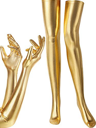 SATINIOR Damen Karneval Halloween Kostüm Elastisch Spandex Glänzend Nass Lange Handschuhe und Oberschenkel Hohe Strümpfe, Gold, Einheitsgröße