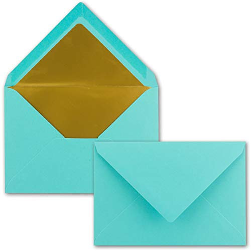 Kuverts in Türkis - 10 Stück - Brief-Umschläge DIN C6-114 x 162 mm - 11,4 x 16,2 cm - Naßklebung - matte Oberfläche & Gold-Metallic Fütterung - ohne Fenster - für Einladungen