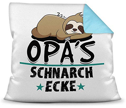 Kuschel-Kissen inkl. Füllung mit Spruch für Opa - Opas Schnarch-Ecke - Geschenk-Idee Geburtstag Vatertag/Bestes Vatertagsgeschenk - Farbkissen Rückseite Hellblau