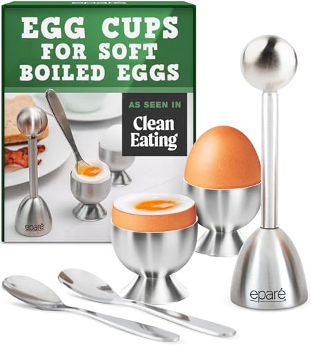 Eparé Egg Cups for Soft Boiled Eggs - Stainless Egg Cracker Topper Set