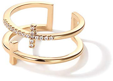 HMOOY Einfache Mode Doppelschicht Kreuz Offener Ring Religiöser Glaube Moderne Kristallkreuz-Fingerringe für Paar Frauen Mädchen (Gold)
