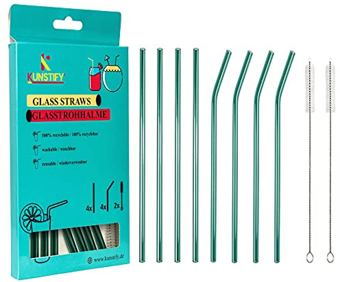 KUNSTIFY 8x Glasstrohalme inkl. Reinigungsbürsten - Stabile Trinkhalme aus Glas (Farbe: Lake Green)