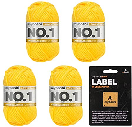 myboshi No.1 Wolle zum Häkeln und Stricken, Schnellstrickgarn, langlebige Mützenwolle, Strickwolle, Häkelwolle, mulesing-frei, Ll. 55m /50g, 30% Wolle (Merinowolle) Gelb (Löwenzahn) 4 Knäuel