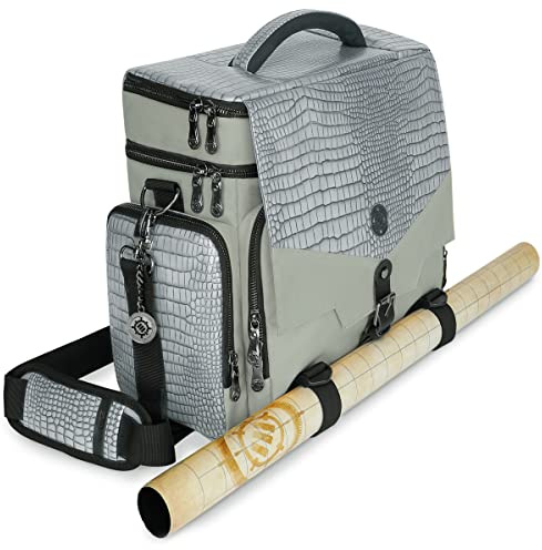 Enhance Tabletop RPG-Tasche des Abenteurers, Sammleredition - DND-Tasche mit Tabletop-Miniaturen-Aufbewahrung, Mattenhalter, DND-Würfel- und Token-Taschen, passend für 4-8 Bücher (Drachen Silber)