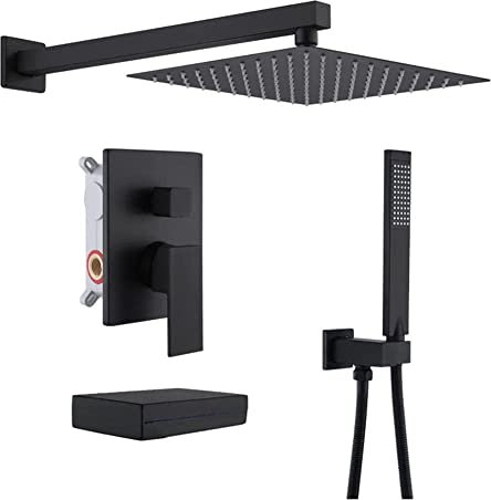 Duschsystem Unterputz Set Regendusche System 3-Funktions mit Wasserfall Badewanne Auslass Armatur Duscharmatur Dusche-Schwarz_10 Zoll