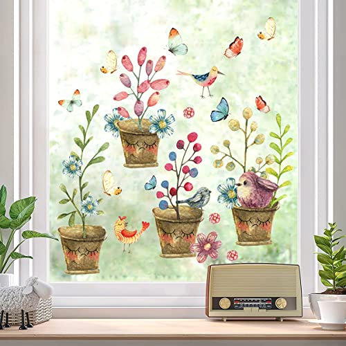 WandSticker4U®- [Vintage Style] Fensterbilder Herbst BLUMEN in TÖPFEN selbstklebend I Fenstersticker Kinder Blumen Smiley Vögel I Fensteraufkleber Herbstdeko Fenster Kinderzimmer Bad Küche GROß