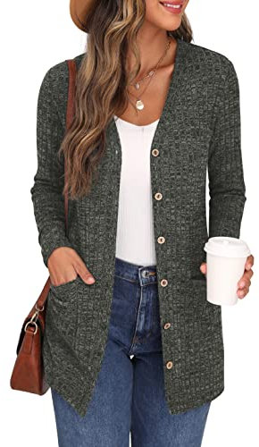 GRECERELLE Damen Leichte Strickjacke Lang mit Taschen und Knöpfen Long Elegant Cardigan V-Ausschnitt Knopfleiste mit Taschen für Damen (Armeegrün, S)
