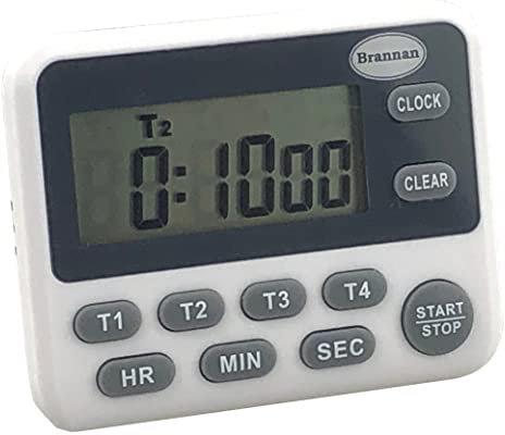 Brannan Digital Kitchen Timer For Cooking and Baking - Four Way Countdown Timer & Clock 24 Hour Count Down & Count Up Kitchen Timer - Large Easy To Read Display Stand and Magnet Back