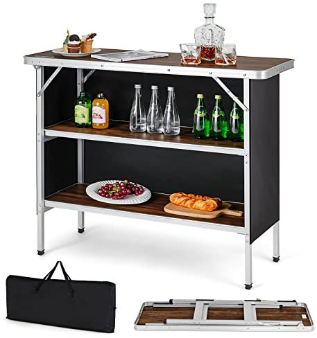 COSTWAY 110cm/206cm Folding Camping Table, Aluminum Portable Picnic Table with 2-Tier Open Shelves, MDF Tabletop and Carrying Bag, Camping Cupboard for Outdoor Hiking BBQ (Coffee, 110 x 38 x 88cm)