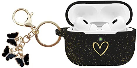 AIIEKZ Kompatibel mit AirPods Pro 2 Hülle Cover 2022, weiche Silikonhülle mit goldenem Herzmuster für AirPods Pro 2./1. Generation Hülle mit süßem Schmetterlings-Schlüsselanhänger (Glitzer Schwarz)
