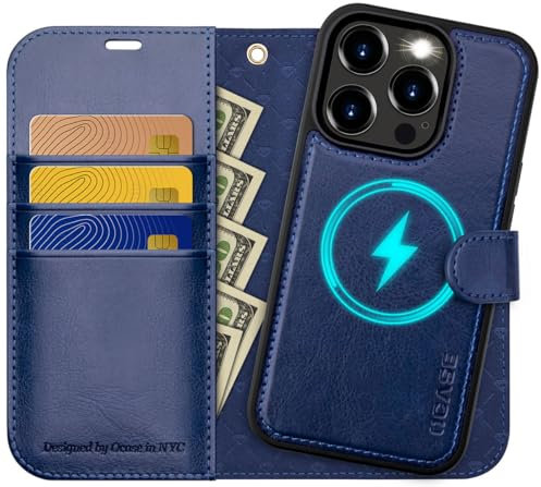 OCASE for iPhone 15 Pro Max Detachable Case, Magnetic Removable 2 in 1 Flip PU Leather Wallet Case with[Kickstand][RFID Blocking][Card Holder] Shockproof Phone Cover,Blue