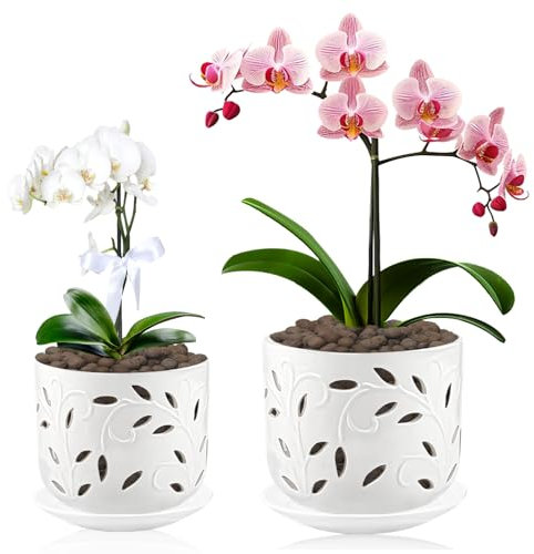 BUYMAX Orchid Pots with Holes & Saucers for Orchid Root Health, 5 inch&6 inch Ceramic Pots for Plants, Effective Drainage and Ventilation to Assist New Plants or Repotting