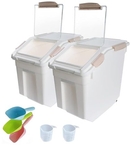Qiveno Confezione da 2 contenitori ermetici per farina, riso, riso, riso con coperchio di chiusura a ruote, contenitori per cibo per cani, con misurino e paletta per farina, riso, cereali, rosa