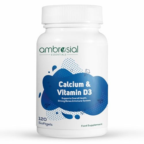 Ambrosial Calcium & Vitamin D Supplement, High Potency, High Strength Calcium, Vitamin D3, Gluten Free, Supports Bone Health, Muscles & Teeth, Pack of 1-120 Softgels
