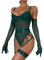 EVELIFE Women's Sexy Lingerie Set Naughty Stretchy Mesh Bodysuit with Removeable Garter Belt, Elegant Gloves & Thigh Straps, Sexy Sheer Teddy for Bedroom Clubwear Dark Green