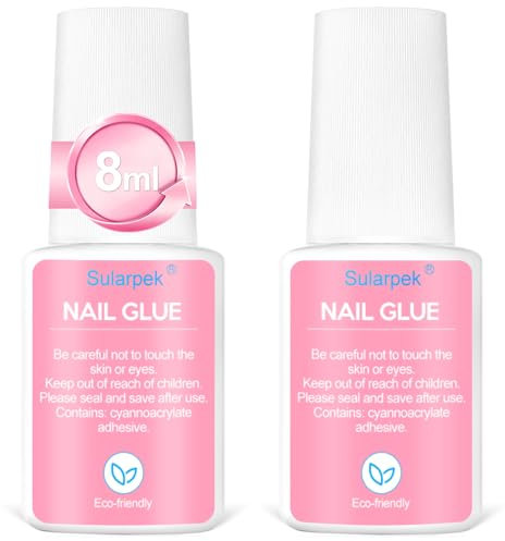 Sularpek 2 PCS Extra Strong Nail Glue, 8ml Nail Glue with Brush for Nail Repair, Strong Nail Glue Acrylic Nails, Gel Nail Glue, for Broken Nails Long Lasting