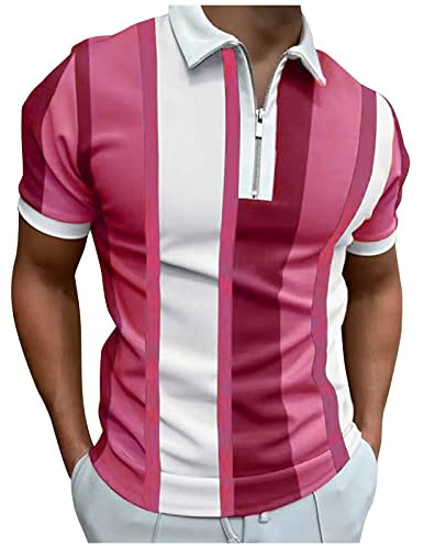 Polo Shirt Men Male Casual Summer Color Splice Print Blouse T Shirt Turn down Collar Short Sleeve Tops T Shirt Extra Long Tops Men Juniors Graphic Tops (Hot Pink-e, L) Hawaiian Shirt White T Shirt Men