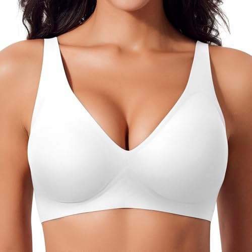 Ganado Damen BH Tiefem V-Ausschnitt Nahtloser BH Ohne Bügel Push Up BHS Bralette Soft Bequem BHS Bügellos Bustier (Weiß, L)