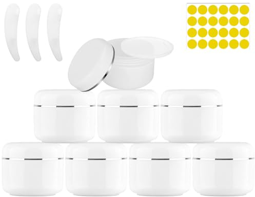 Lot de 8 pots vides en plastique avec ruban argenté de 50 g - En plastique blanc - À visser - Avec spatule - Pour maquillage, crèmes, lotions