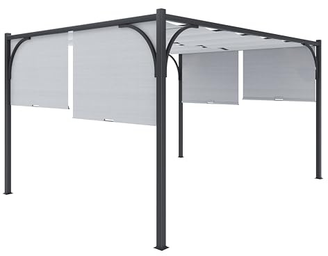 BRICOZONE Pergola Gazebo 3x4 M Acciaio Nero Telo Impermeabile Grigio | Tetto Scorrevole Retrattile, Per Giardino Terrazzo Piscina, Esterno Campeggio