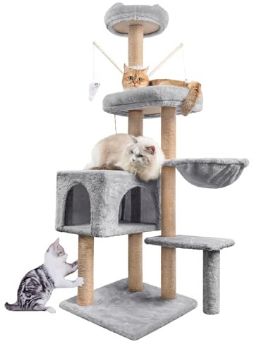 Cat Tree, 145cm Stable Cat Scratching Post for Indoor Cats, Multi-Level Cat Climbing Tower with Posts Fully Wrapped in Natural Sisal Rope, Suitable for Kitty Kitten