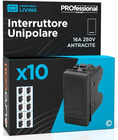 Interruttore Unipolare di Corrente 16A 250V Compatibile con BTicino Livinglight a Incasso da Muro Frutti Elettrici Colore Antracite - Confezione da 10