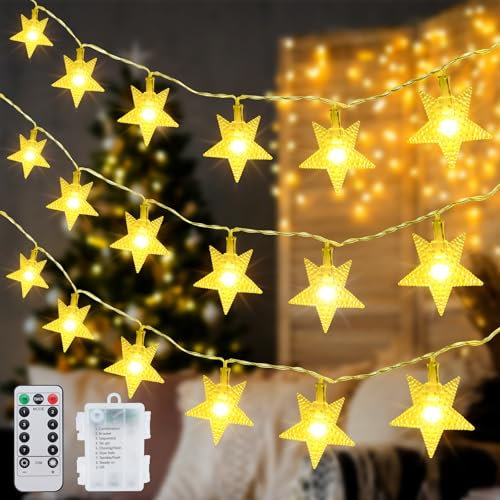 Ninonly Star Fairy Lights, 7.5m 50 LED String Lights Battery Operated, 8 Modes Warm Christmas Fairy Lights, Star Decoration for Christmas Wedding Party Room Bedroom