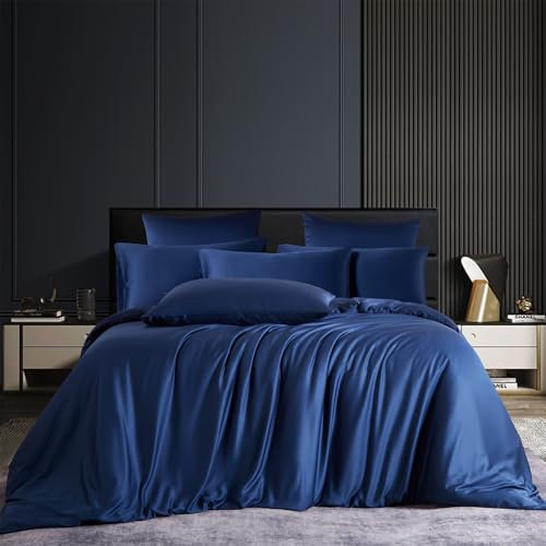 Gezu Bambus Bettwäsche Blau135x200cm Sommerbettwäsche Marineblau Uni Bambusfaser Bettbezug-Set Atmungsaktiv und kühl Deckenbezug Weiche Einzelbett Bettbezug mit Reißverschluss und 1 Kissenbezüge 80x80