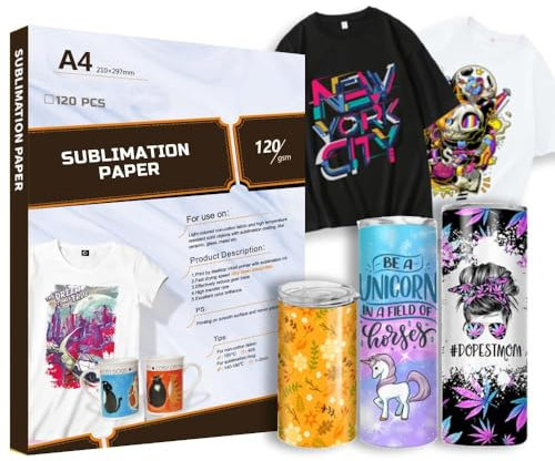 Creatorally Carta a sublimazione A4, 120 g/m², per cotone, metallo, ceramica, vetro, 120 fogli, compatibile con stampanti a getto d'inchiostro, stampante a sublimazione, pressa a caldo