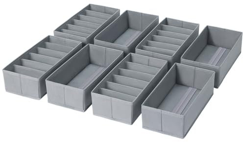 Homsorout Drawer Organiser Underwear Storage, Foldable Wardrobe Organizer 8 Pack Fabric Drawer Divider System for Trousers, Clothes, Socks, Grey