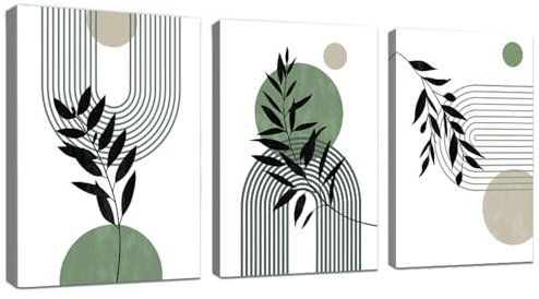 WENGTIAO 3 Pièces Boho Abstraite Ligne Géométrique Tableau Decoration Murale Encadré Toile Peinture Minimaliste Vert Sauge Plantes Botaniques Decoration Murale Salon Maison Deco Chambre 40x60cmx3