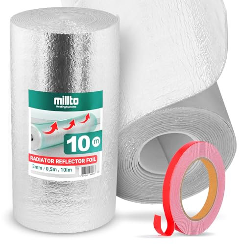 Heizkörper Reflexionsfolie 10m x 0,5m x 3mm | Alufolie Isoliermatte Dämmung Isolierfolie Thermomatte Thermofolie Heizung Isolierung Wand Dämmfolie Wandisolierung Doppelklebeband