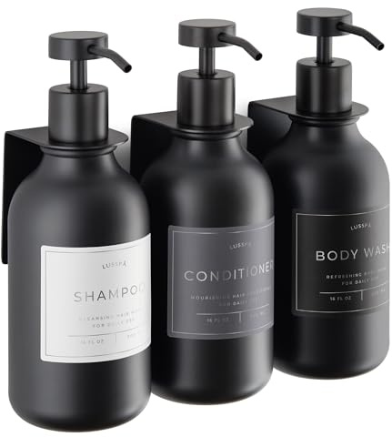 Shampoo & Conditioner Dispenser - Shower Soap Dispenser Wall Mounted - Set of 3 500 ml Plastic Bottles with Pump & Holder - Shampoo Dispenser - Shower Dispenser Chamber No Drill (3 X Black)
