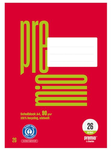 Staufen premio Schulblock - 5 Hefte je 50 Blatt, DIN A4, Lineatur 26 (5 mm kariert mit Rand), 4-fach Lochung, 90 g/m² Recyclingpapier