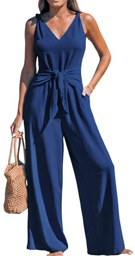 CUPSHE Women's Jumpsuit V Neck Sleeveless Belted Wide Leg Knot Straps Summer Beach Overall