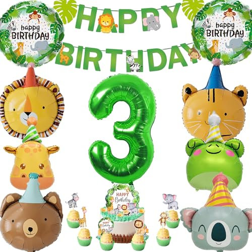 AUNGKWANG Dschungel Deko 3 Geburtstag, 17 Stück Wild 3 Geburtstags Dekoration, waldtiere geburtstag deko 3 jahr, Safari Ballon Geburtstagsdeko für 3 Geburtstag Mädchen Junge Kinder