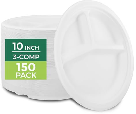 Freshware Paper Plates - Disposable 10 Plate, 150-Pack, Biodegradable Sugarcane Dinner Plates - Heavy Duty Dinnerware - Microwave & Freezer Safe, Stackable Dinnerware - 3-Compartment