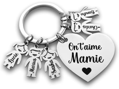 Cadeau pour Grand Mere, Mamie - Porte clé Coeur personnalisable avec message et prénoms des petits enfants - Cadeau Personnalisé Original pour Anniversaire, Noël, Fete Des Grands Meres...