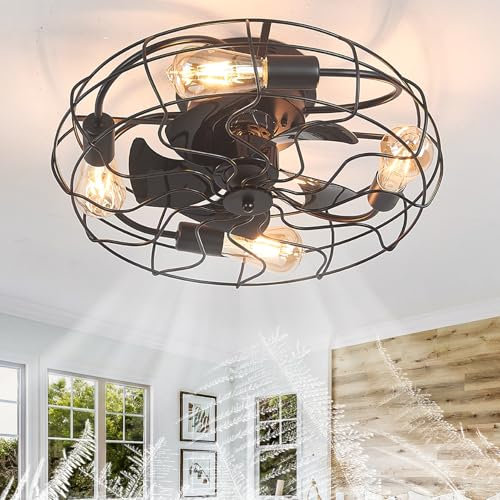 Cucummn Gabbia Lampadario con Ventilatore da Soffitto Telecomando Lampadina E27 50CM Ventola Soffitto con Luce Vintage Ferro 6 Velocità Silenzioso DC Nero Reversibile Camera Da Letto App Industriale