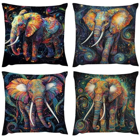 Housse de Coussin d'extérieur, imperméable Coussin, 60x60 cm Lot de 4 Les éléphants Motif Doux Court Peluche Carré Taie d'oreiller Décor Maison Chambre Salon Canapé Balcon Patio Jardin Chaise H-2105